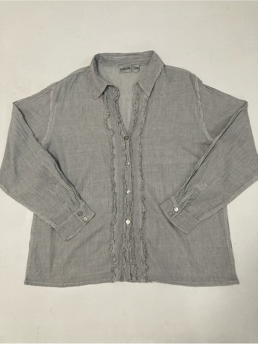 CHICOS Women's Button-Down Blouse – Gray White Stripes with Frayed Fringe size 3